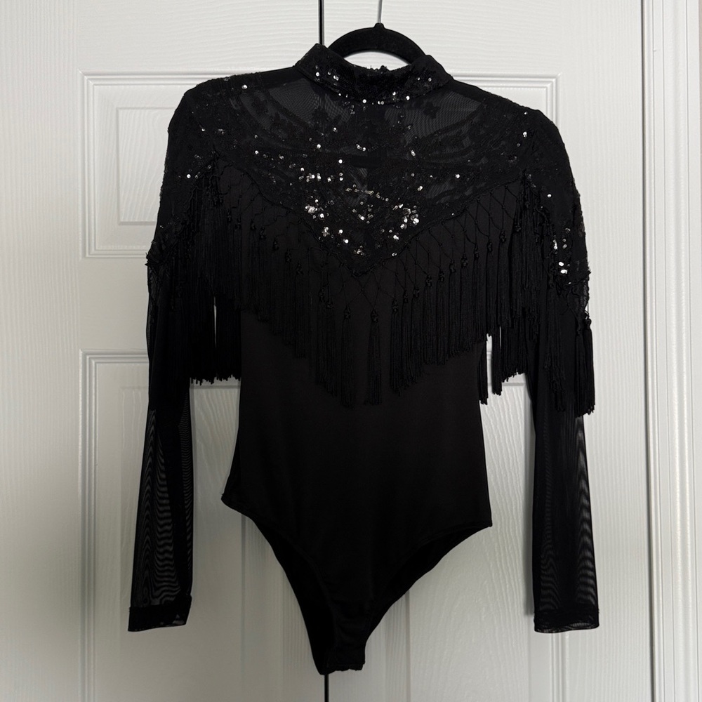 Stunning Sequin and Fringe Black Lacy Bodysuit